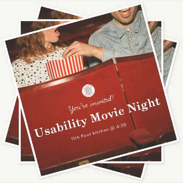Invitation to Movie Night at the 11th floor cafe, with a picture of two people at the cinema sharing a box of popcorn
