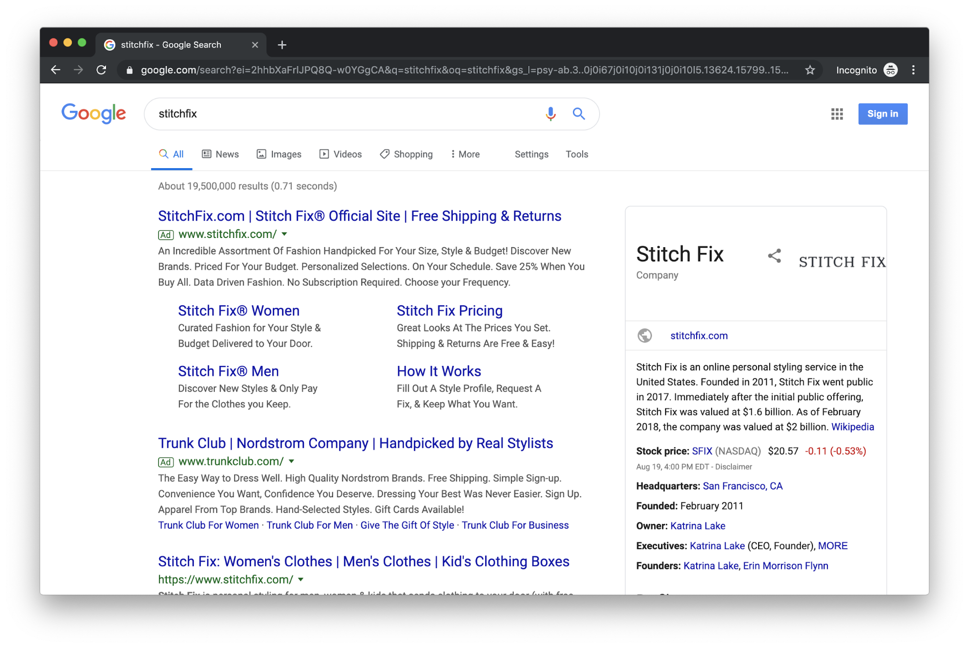 Google Search: Stitch Fix Branded Keyword